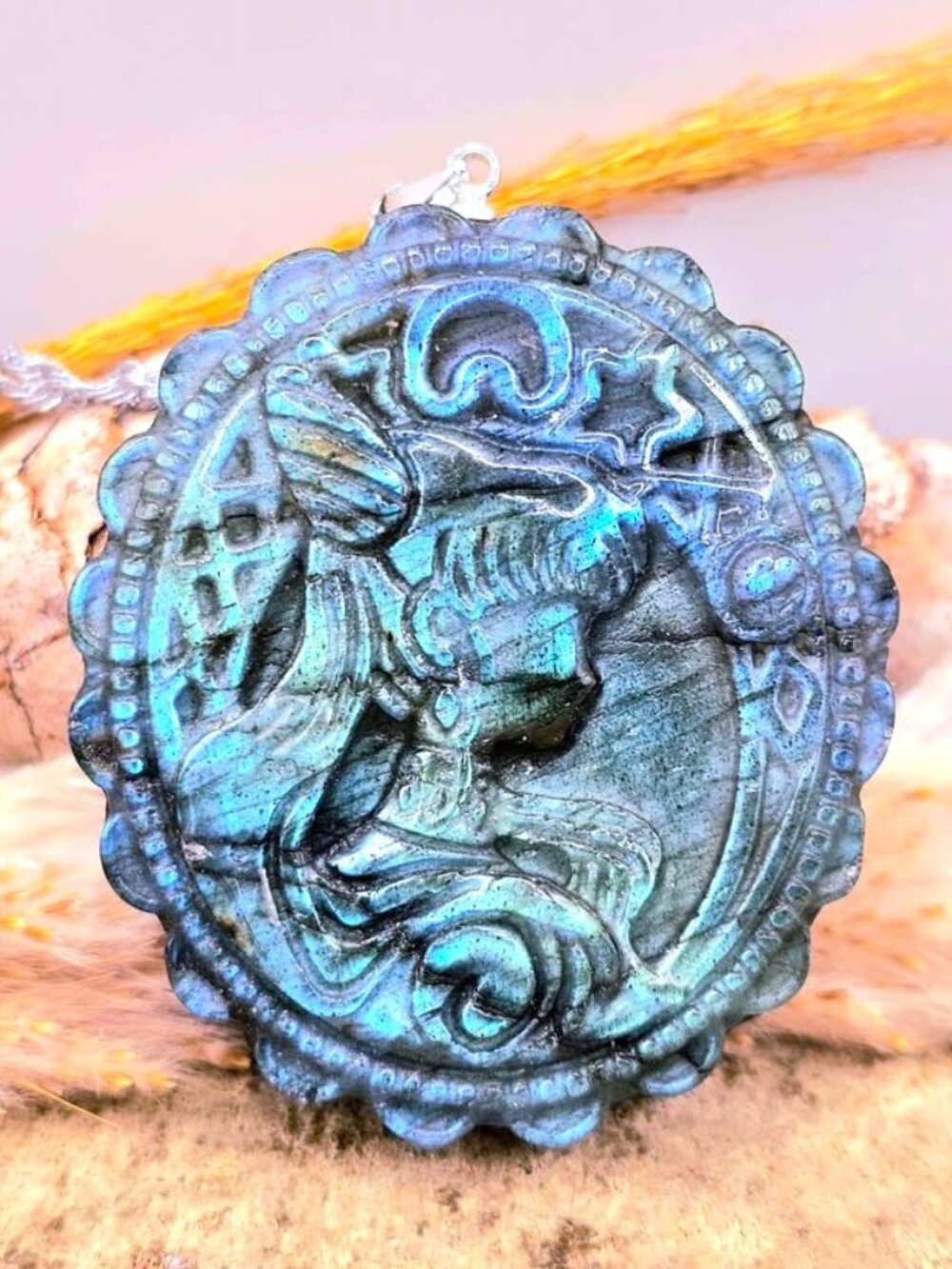 Natural Labradorite Sailor Moon Carved Pendant Necklace • Crescent Moon Design